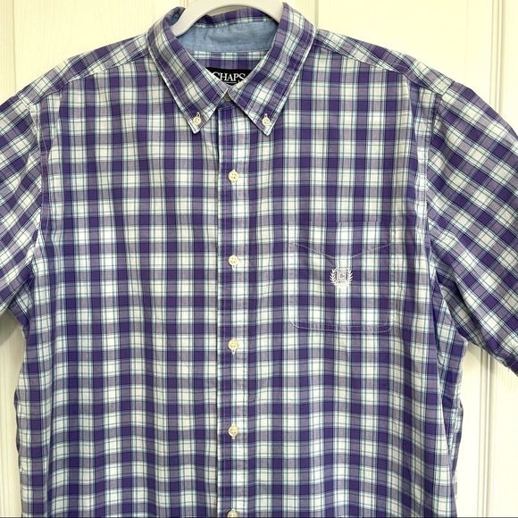 CHAPS Easy Care Purple Plaid Shirt Button Down Preppy Sharp Crest Logo Size L - Picture 4 of 11